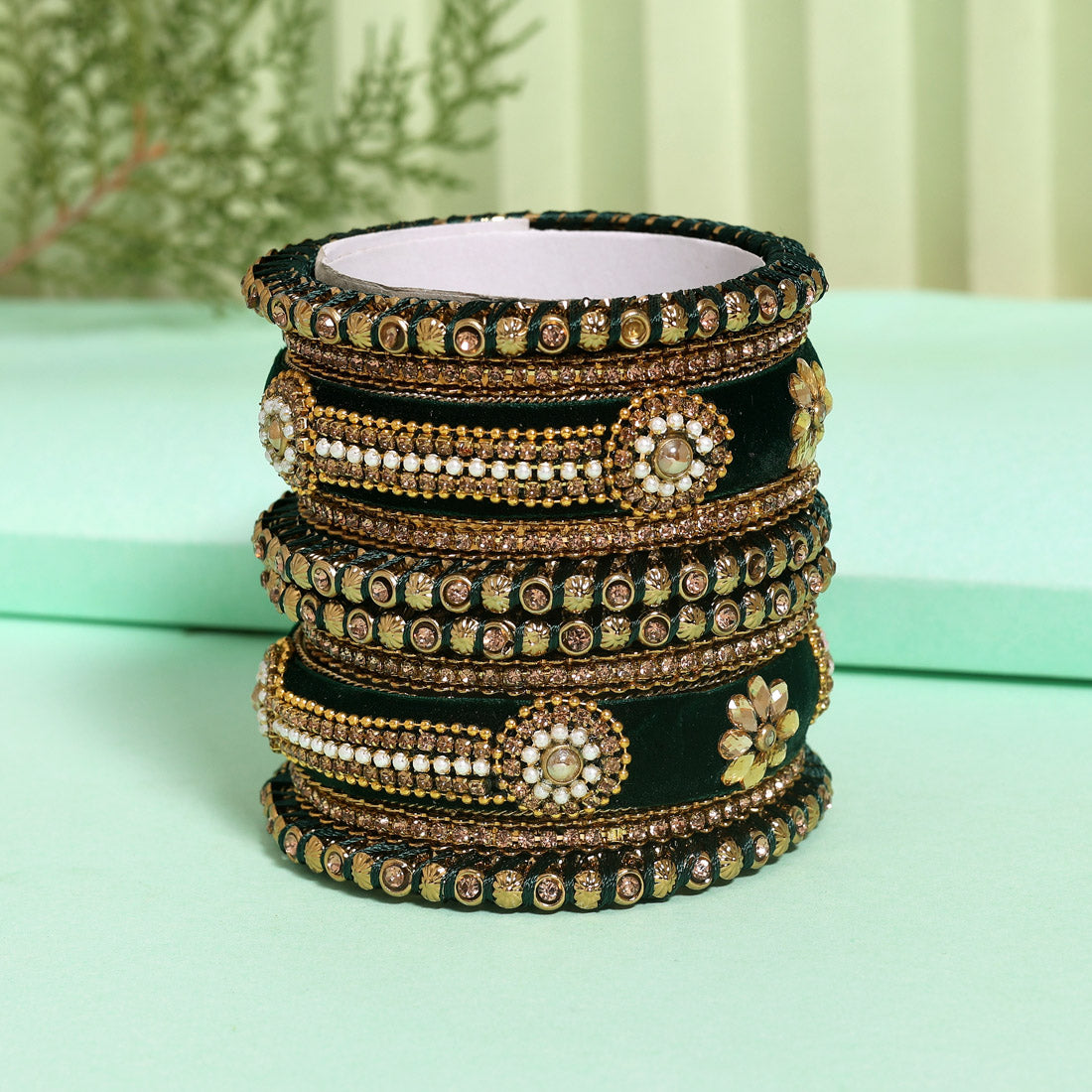 Green Color Velvet Thread Bangle Set: 2.4 Jewellery GetGlit