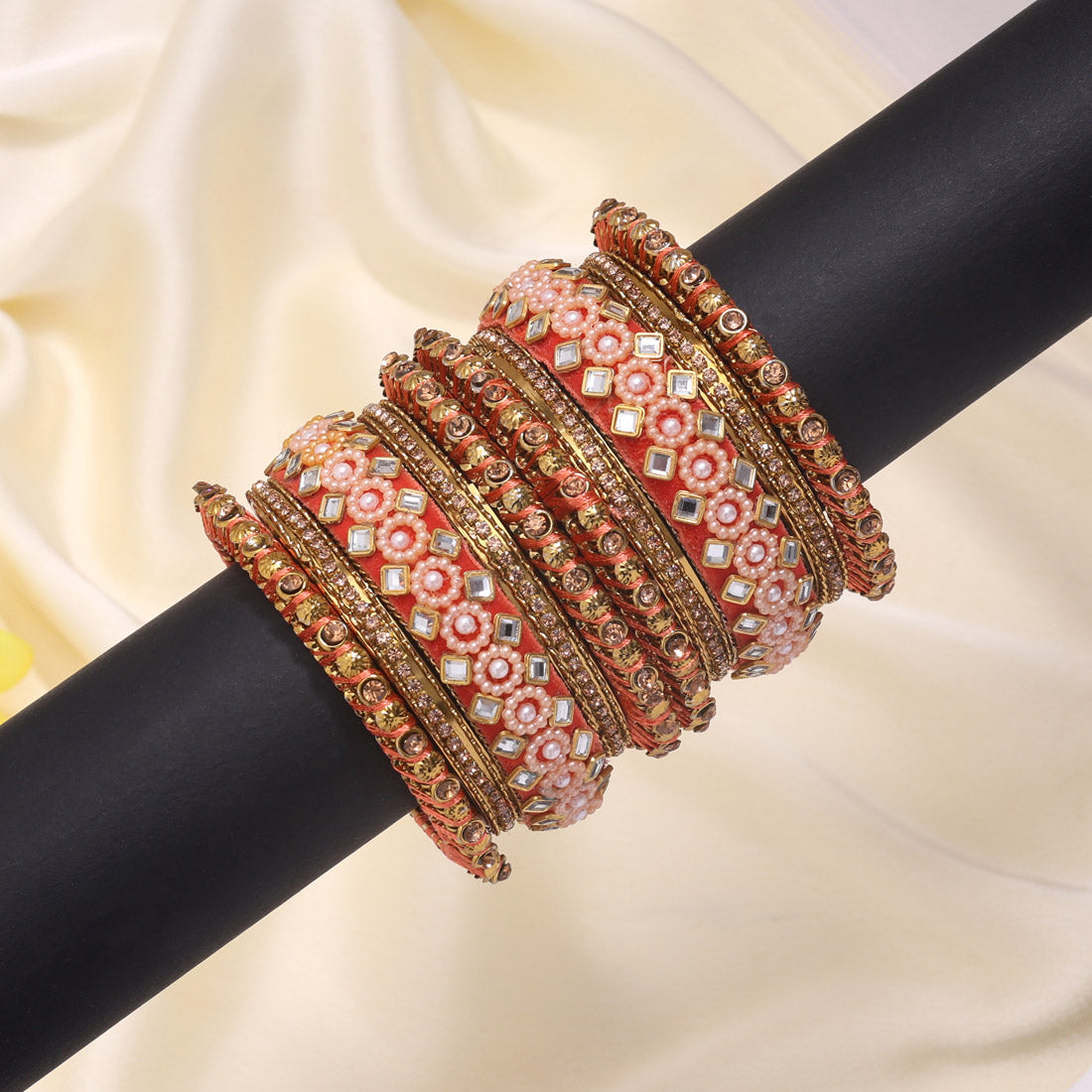 Dark Peach Color Thread Bangle Set: 2.4