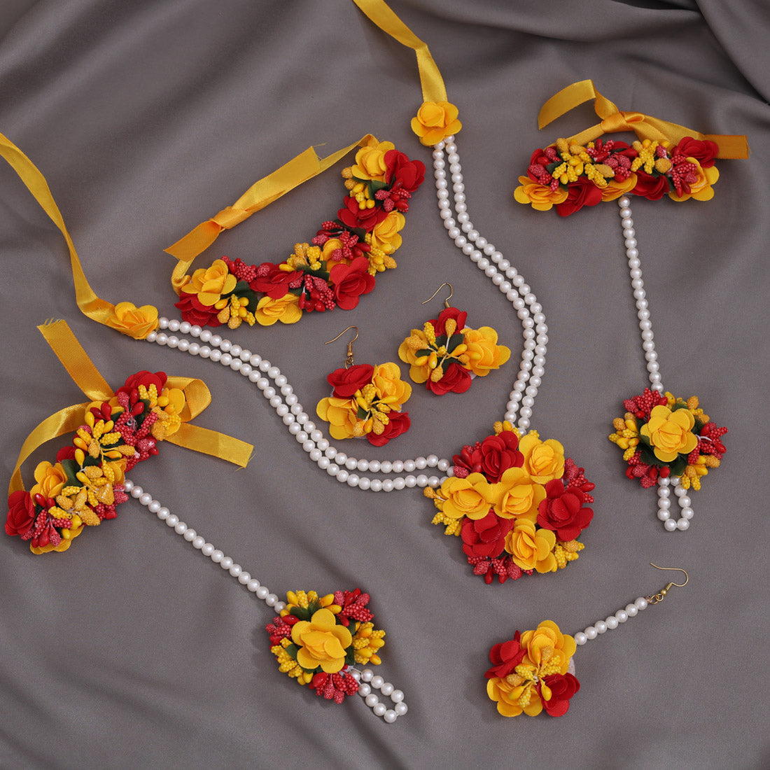 Red & Yellow Color Synthetic Rose Floral Bridal Set (TRN1778REDYLW) Jewellery GetGlit