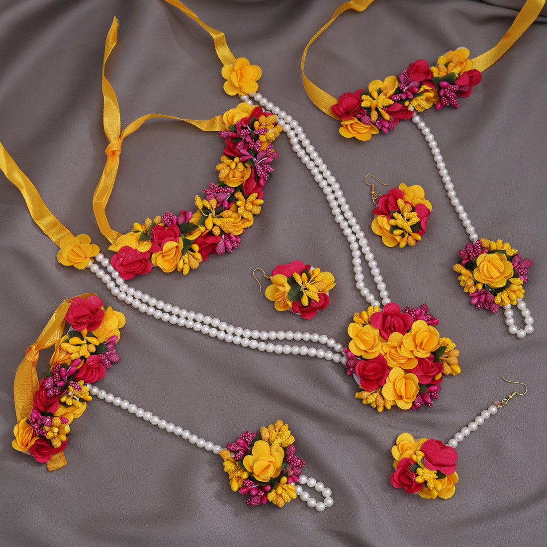 Rani & Yellow Color Synthetic Rose Floral Bridal Set (TRN1778RNIYLW)