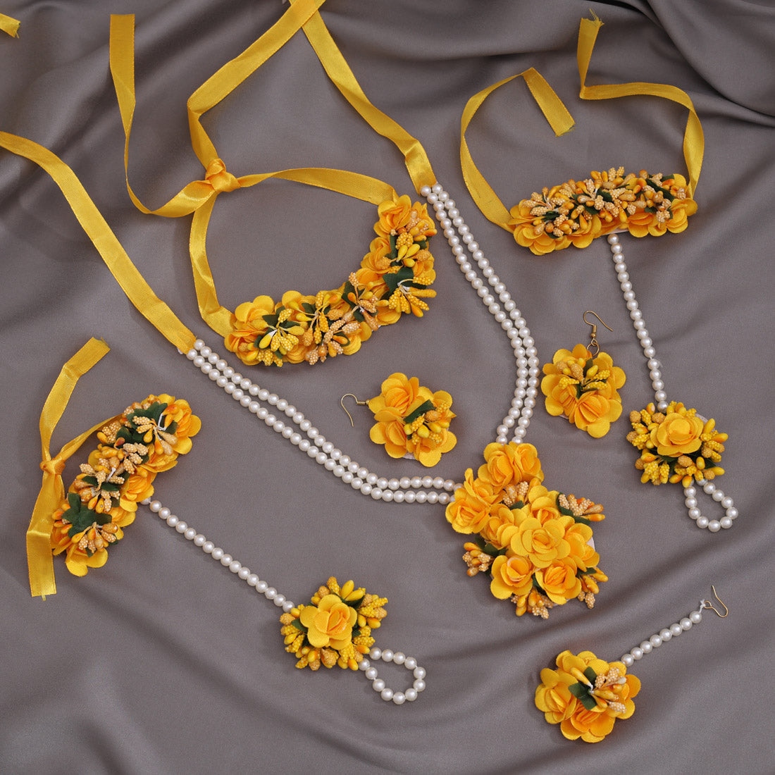 Yellow Color Synthetic Rose Floral Bridal Set