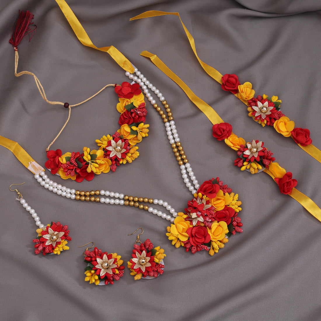 Red & Yellow Color Synthetic Rose Floral Bridal Set (TRN1779REDYLW) Jewellery GetGlit