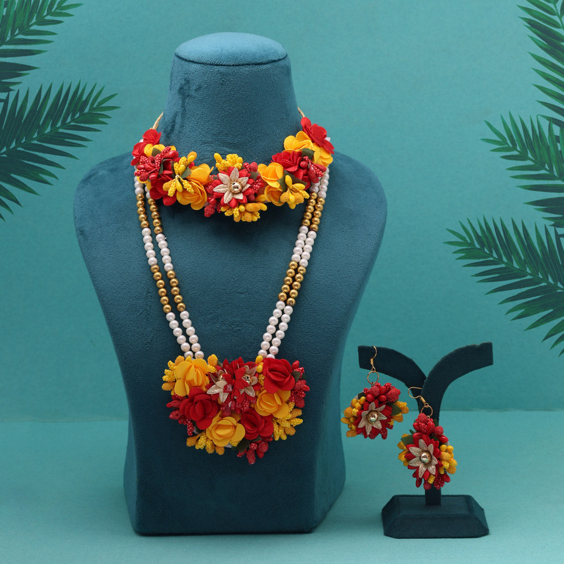 Red & Yellow Color Synthetic Rose Floral Bridal Set (TRN1779REDYLW) Jewellery GetGlit