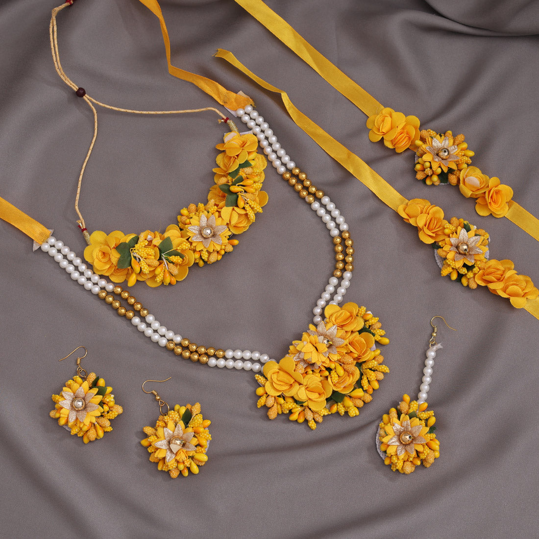 Yellow Color Synthetic Rose Floral Bridal Set (TRN1779YLW) Jewellery GetGlit