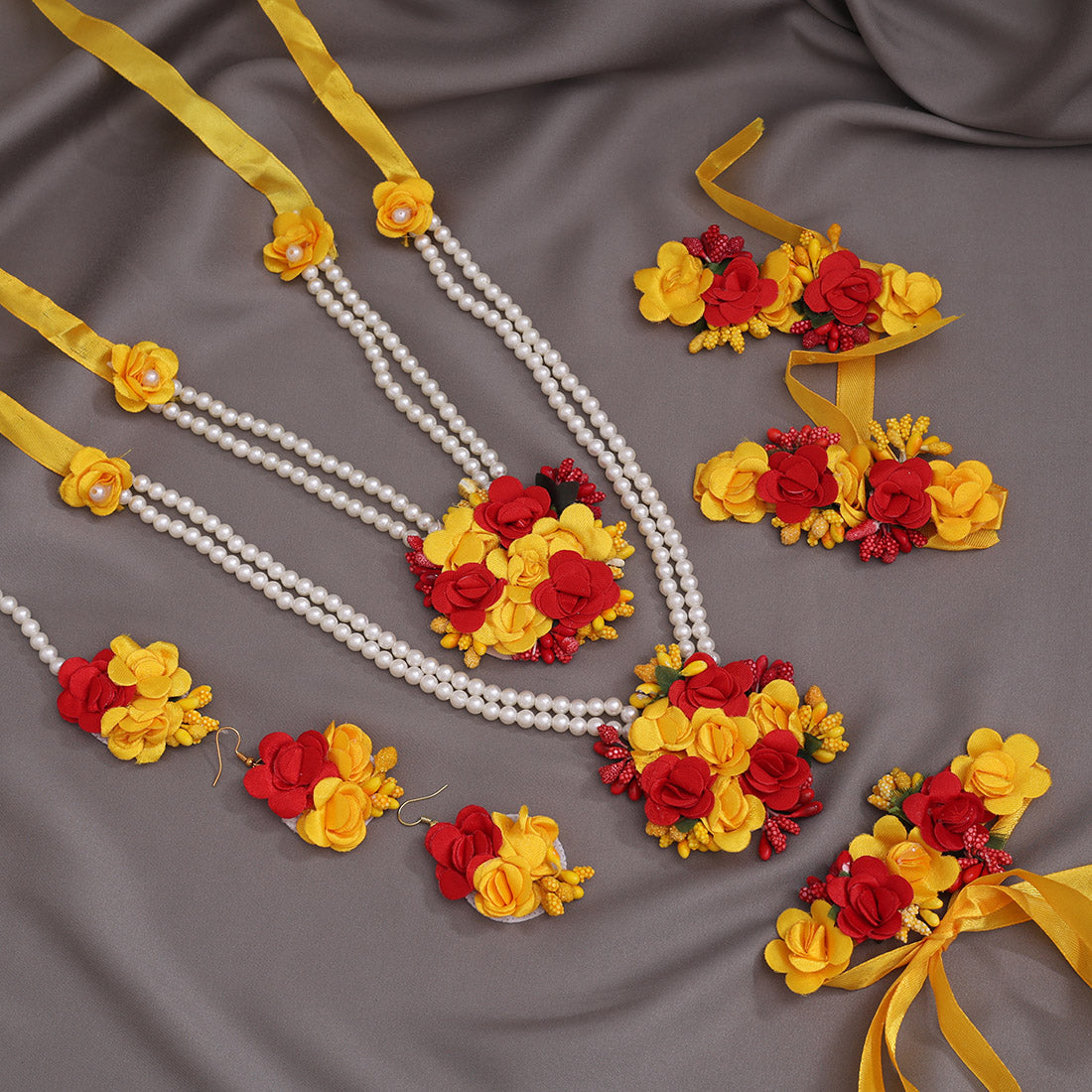 Red & Yellow Color Synthetic Rose Floral Bridal Set (TRN1781REDYLW) Jewellery GetGlit