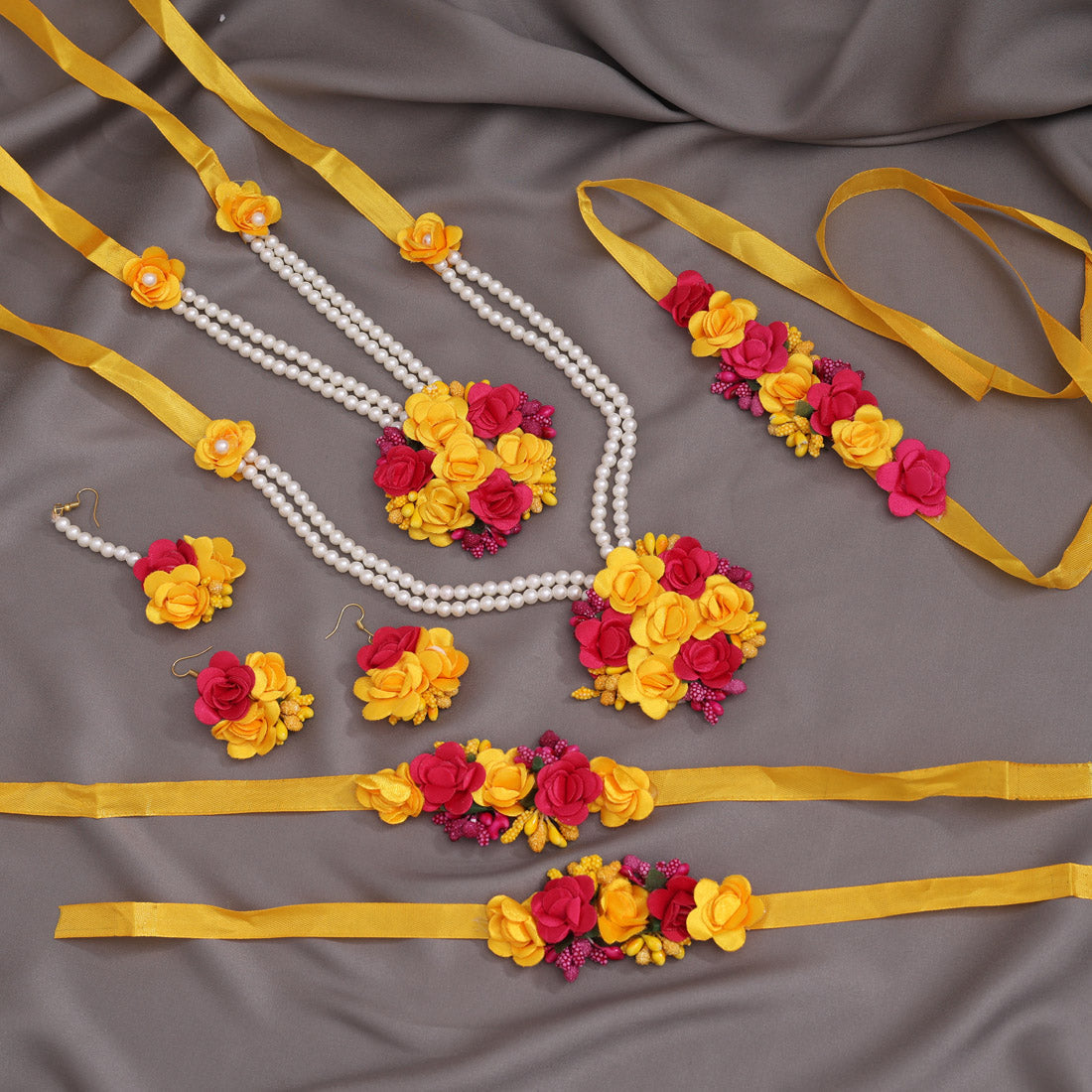 Rani & Yellow Color Synthetic Rose Floral Bridal Set (TRN1781RNIYLW)