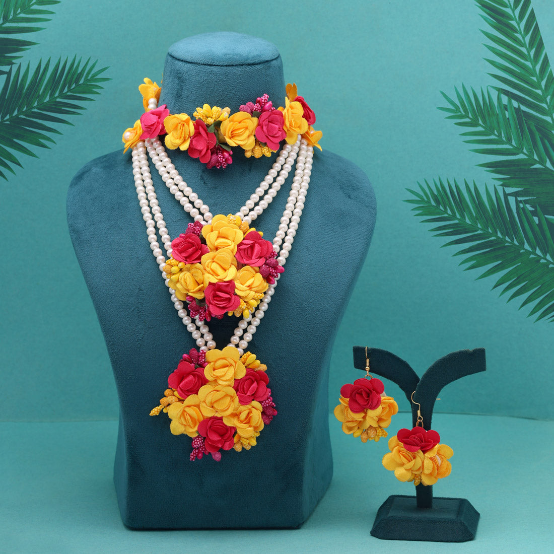 Rani & Yellow Color Synthetic Rose Floral Bridal Set (TRN1781RNIYLW) Jewellery GetGlit