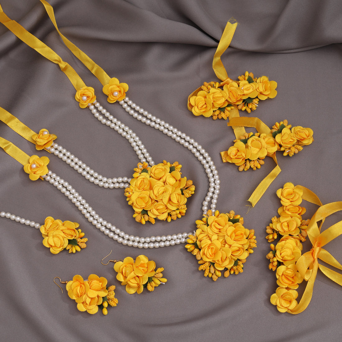 Yellow Color Synthetic Rose Floral Bridal Set (TRN1781YLW)