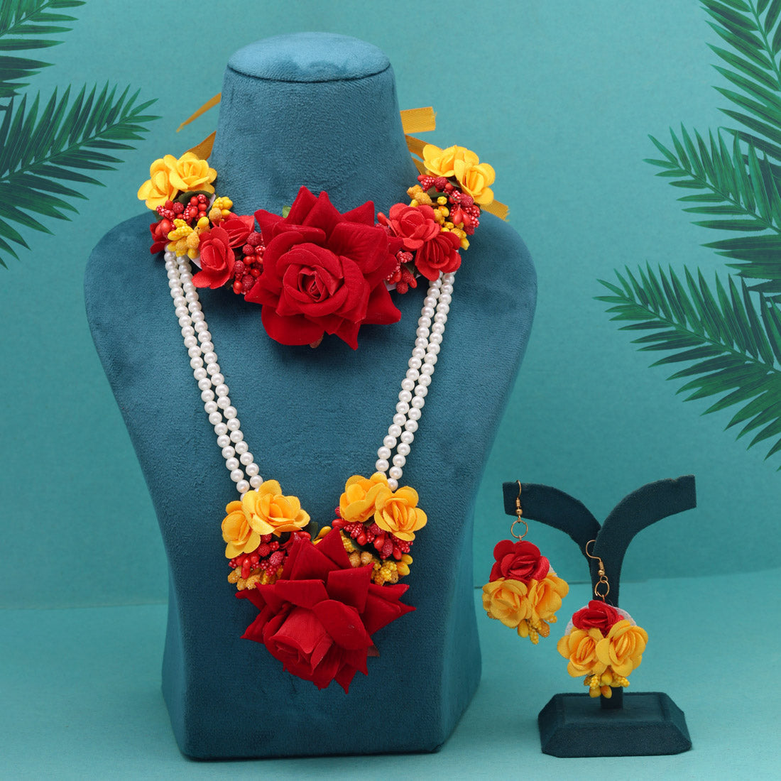 Red & Yellow Color Synthetic Rose Floral Bridal Set (TRN1782REDYLW) Jewellery GetGlit