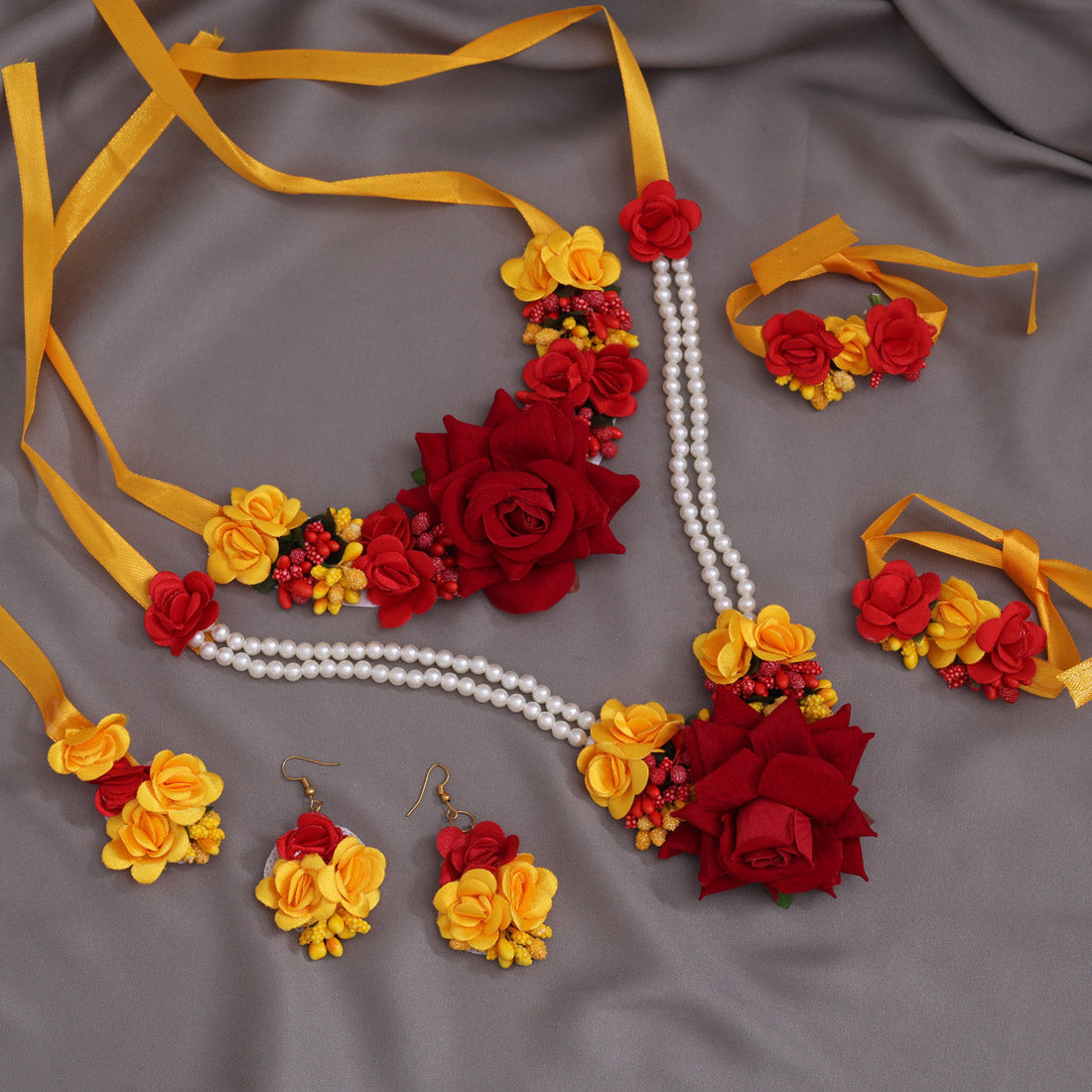 Red & Yellow Color Synthetic Rose Floral Bridal Set (TRN1782REDYLW) Jewellery GetGlit