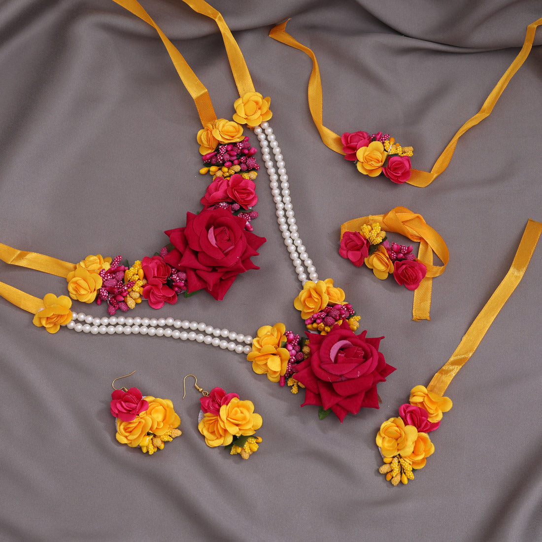 Rani & Yellow Color Synthetic Rose Floral Bridal Set (TRN1782RNIYLW)