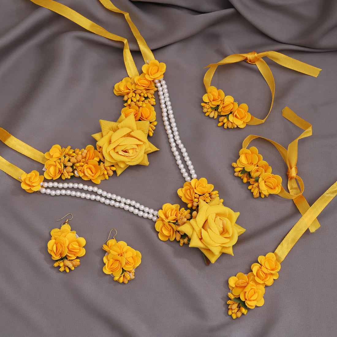 Yellow Color Synthetic Rose Floral Bridal Set (TRN1782YLW) Jewellery GetGlit