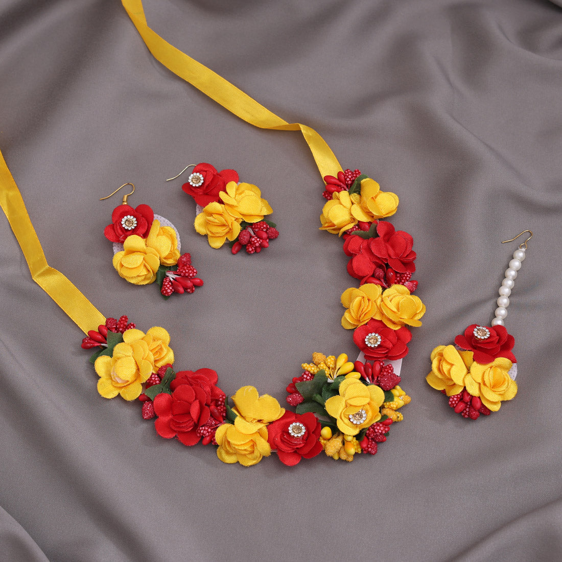 Red & Yellow Color Synthetic Rose Floral Necklace Set (TRN1783REDYLW) Jewellery GetGlit