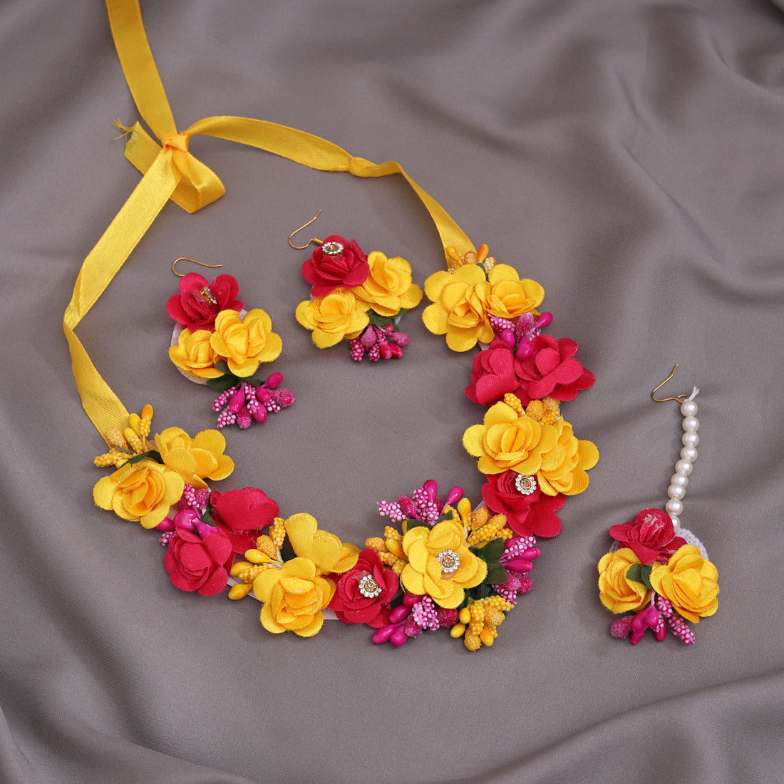 Rani & Yellow Color Synthetic Rose Floral Necklace Set