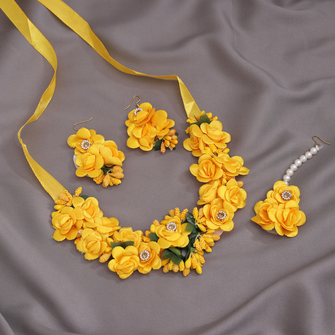 Yellow Color Synthetic Rose Floral Necklace Set (TRN1783YLW) Jewellery GetGlit