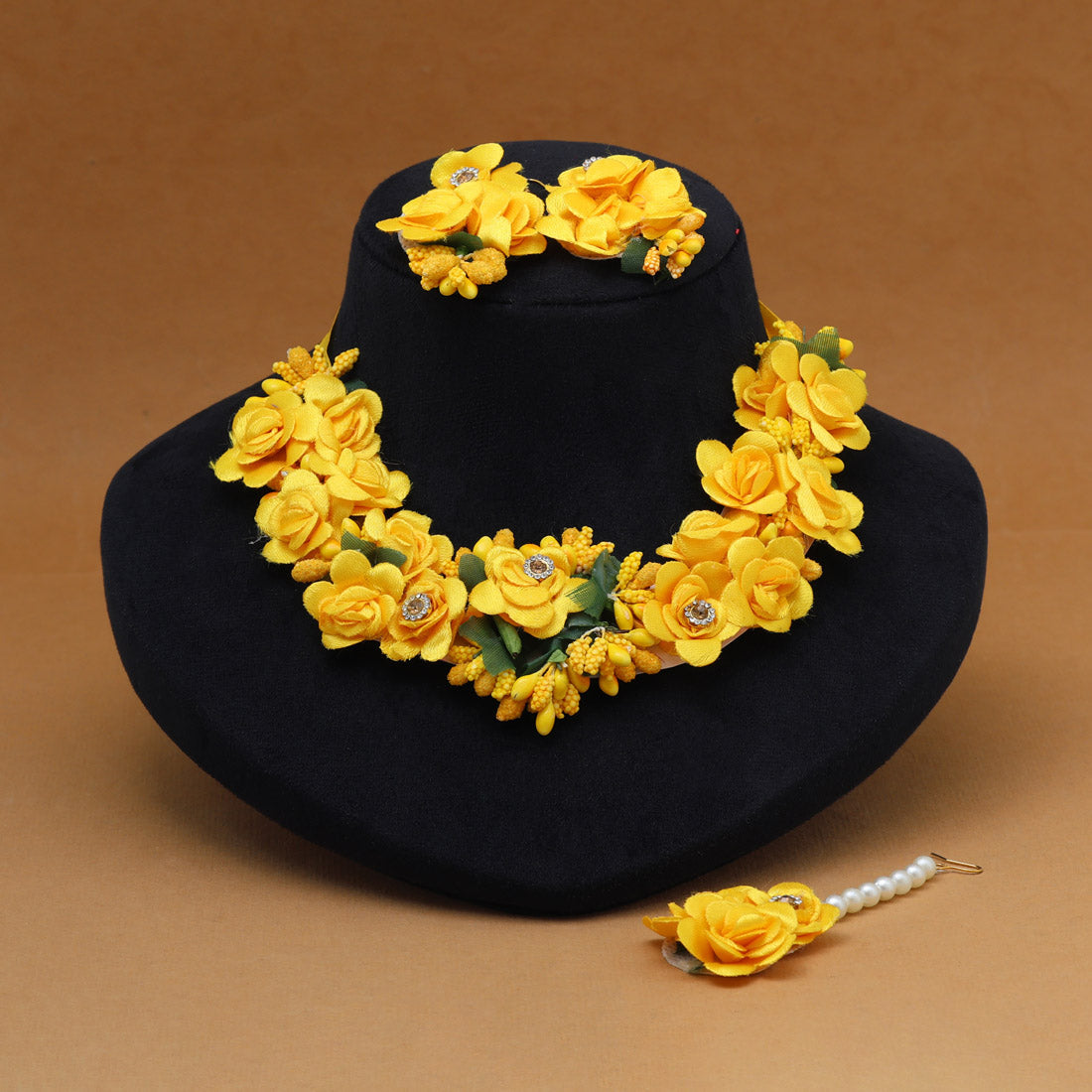 Yellow Color Synthetic Rose Floral Necklace Set Jewellery GetGlit