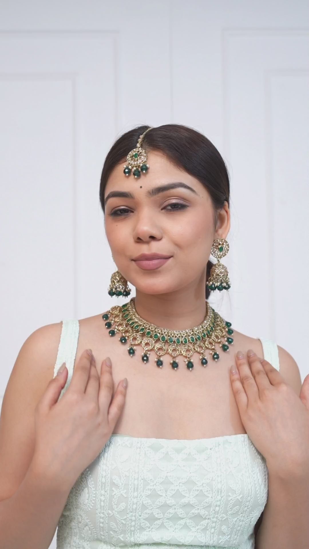 Emerald Green Polki Kundan Necklace Set with Jhumka Earrings and Maang Tikka Jewellery GetGlit