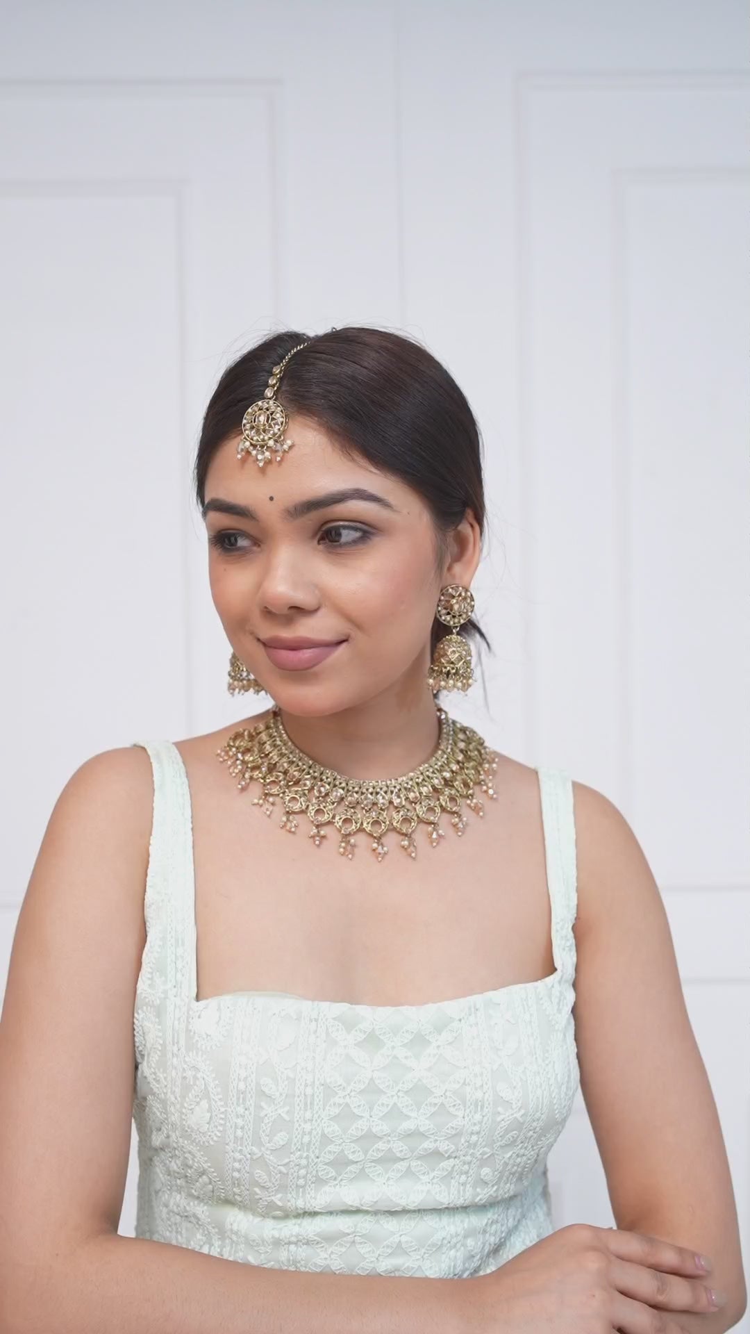 Gold Kundan Necklace Set with Jhumka Earrings & Maang Tikka Jewellery GetGlit