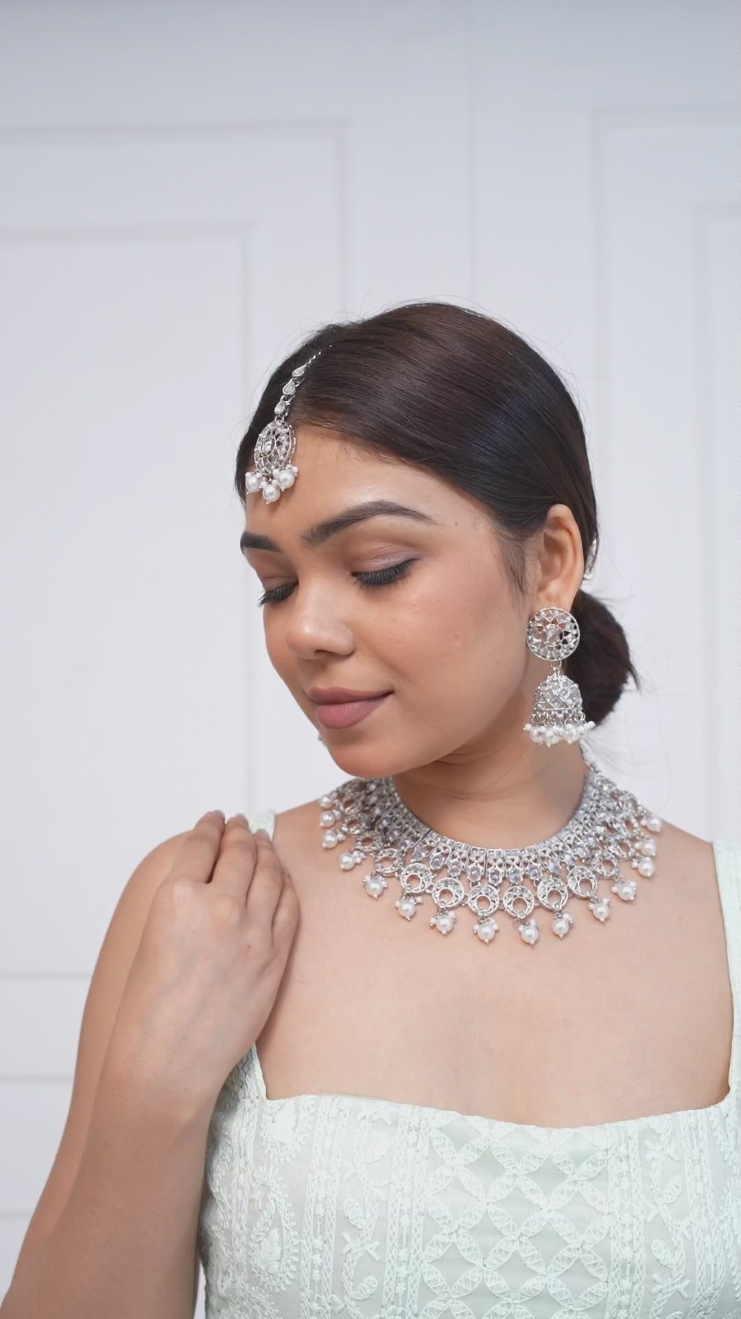 Silver Stone White Pearl Kundan Necklace with Jhumka Earrings & Maang Tikka Jewellery GetGlit