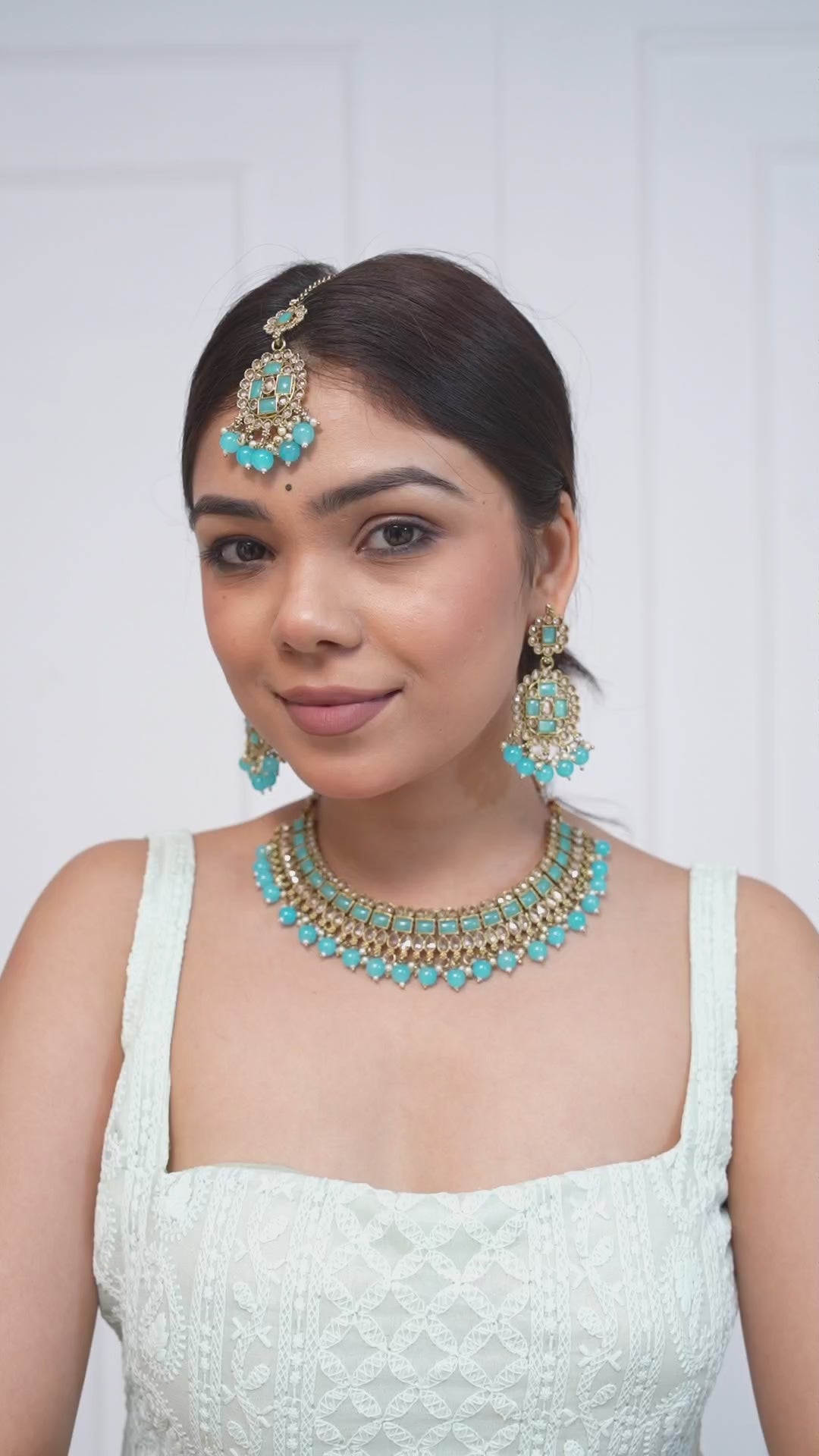 Turquoise Sky Blue Kundan Necklace Set with Chandelier Earrings and Maang Tikka Jewellery GetGlit