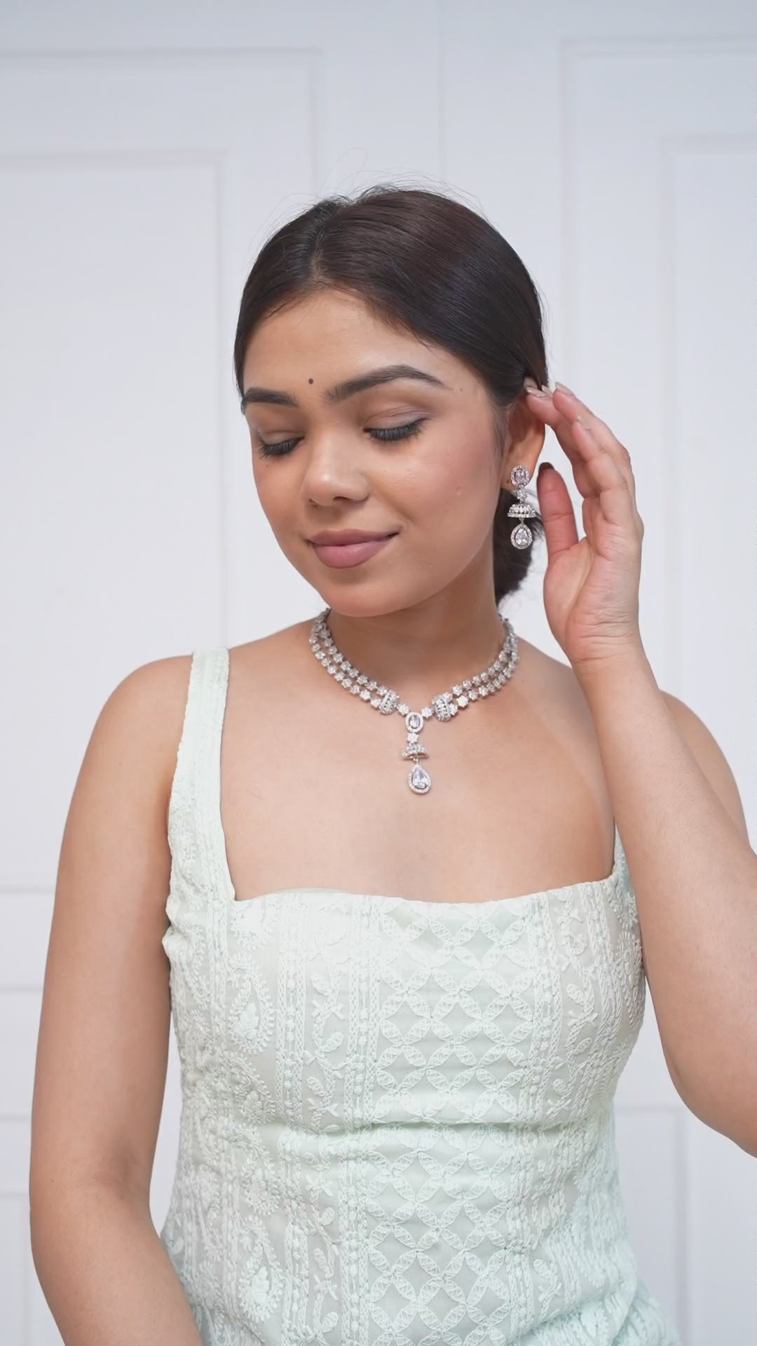 Elegant American Diamond White Crystal Necklace Set with Drop Pendant Jewellery GetGlit