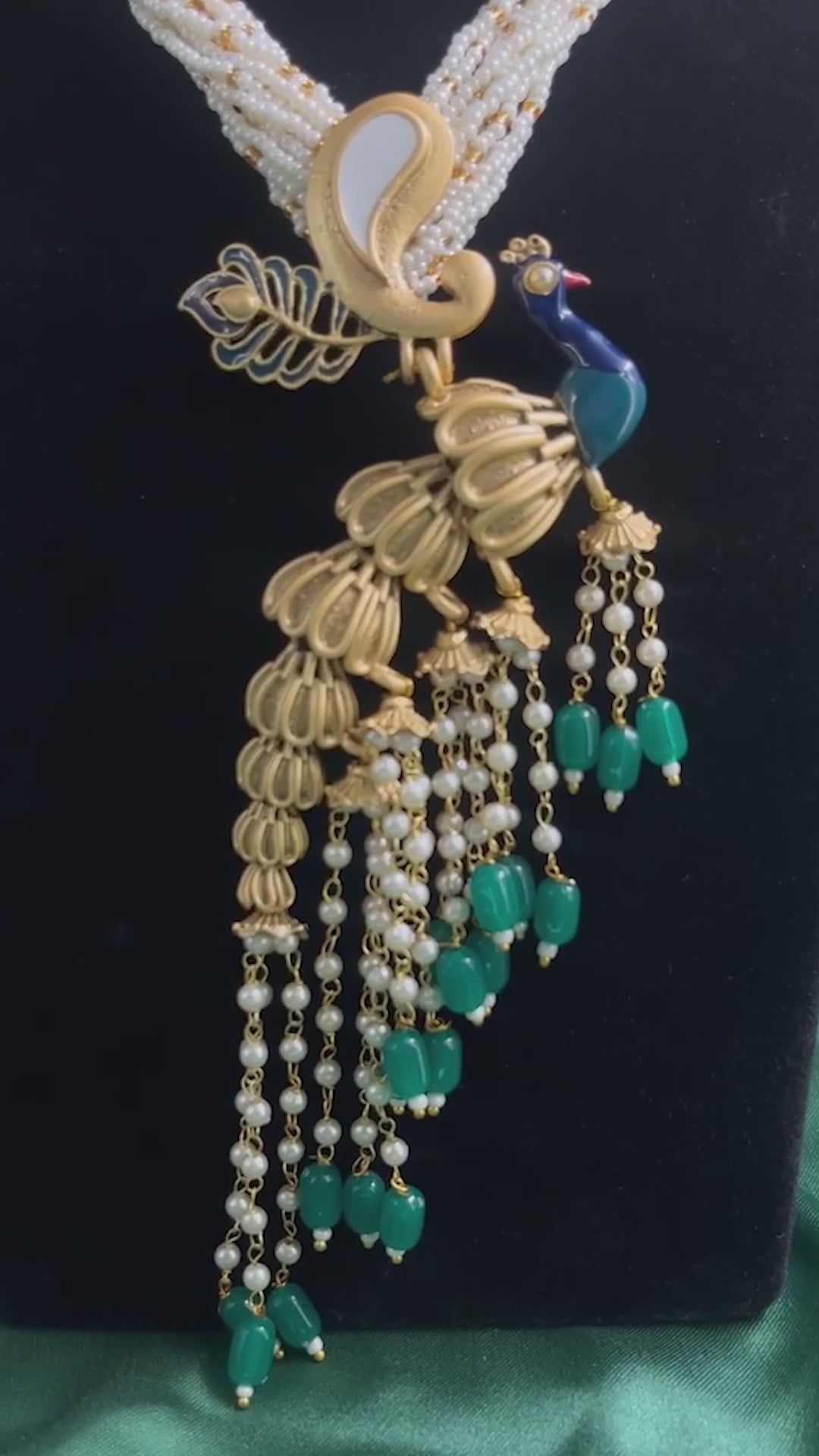 Green Color Peacock Inspired Matte Gold Rajwadi Temple Necklace Set Jewellery GetGlit