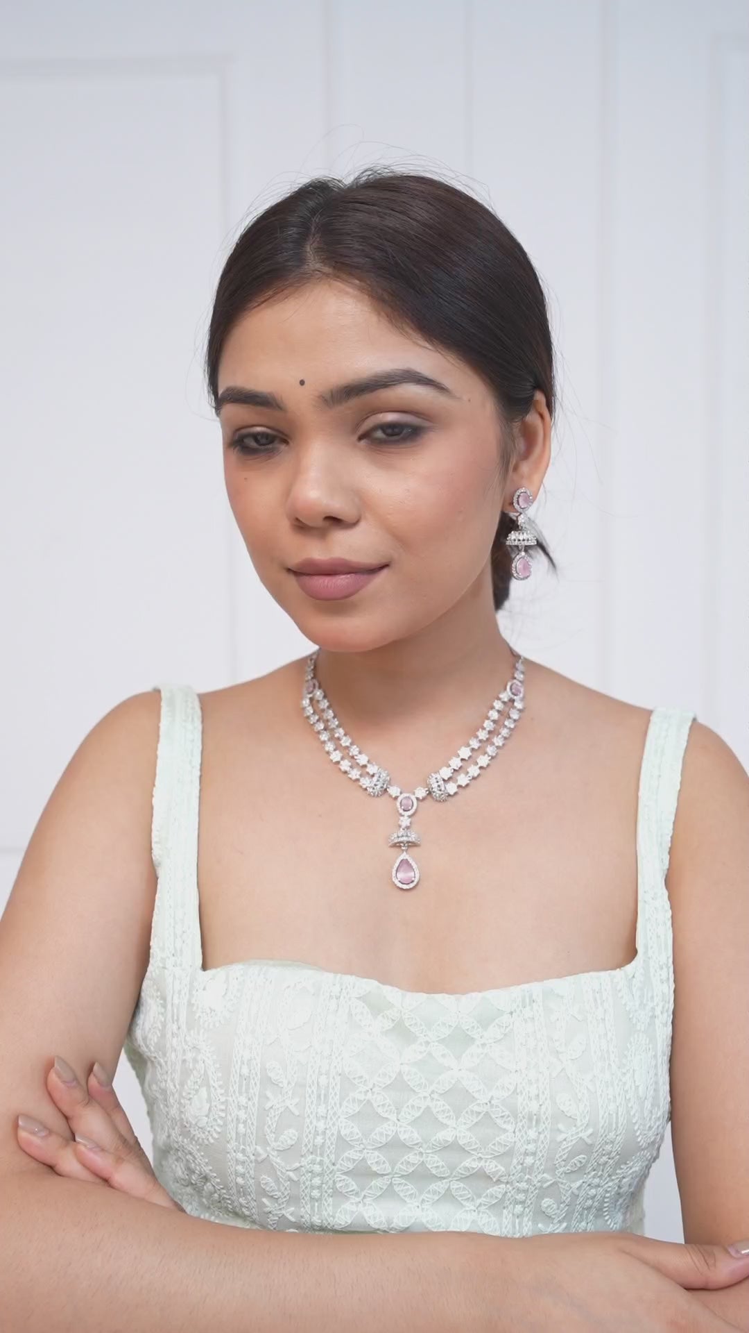 Elegant American Diamond Pink Crystal Necklace Set with Drop Pendant Jewellery GetGlit