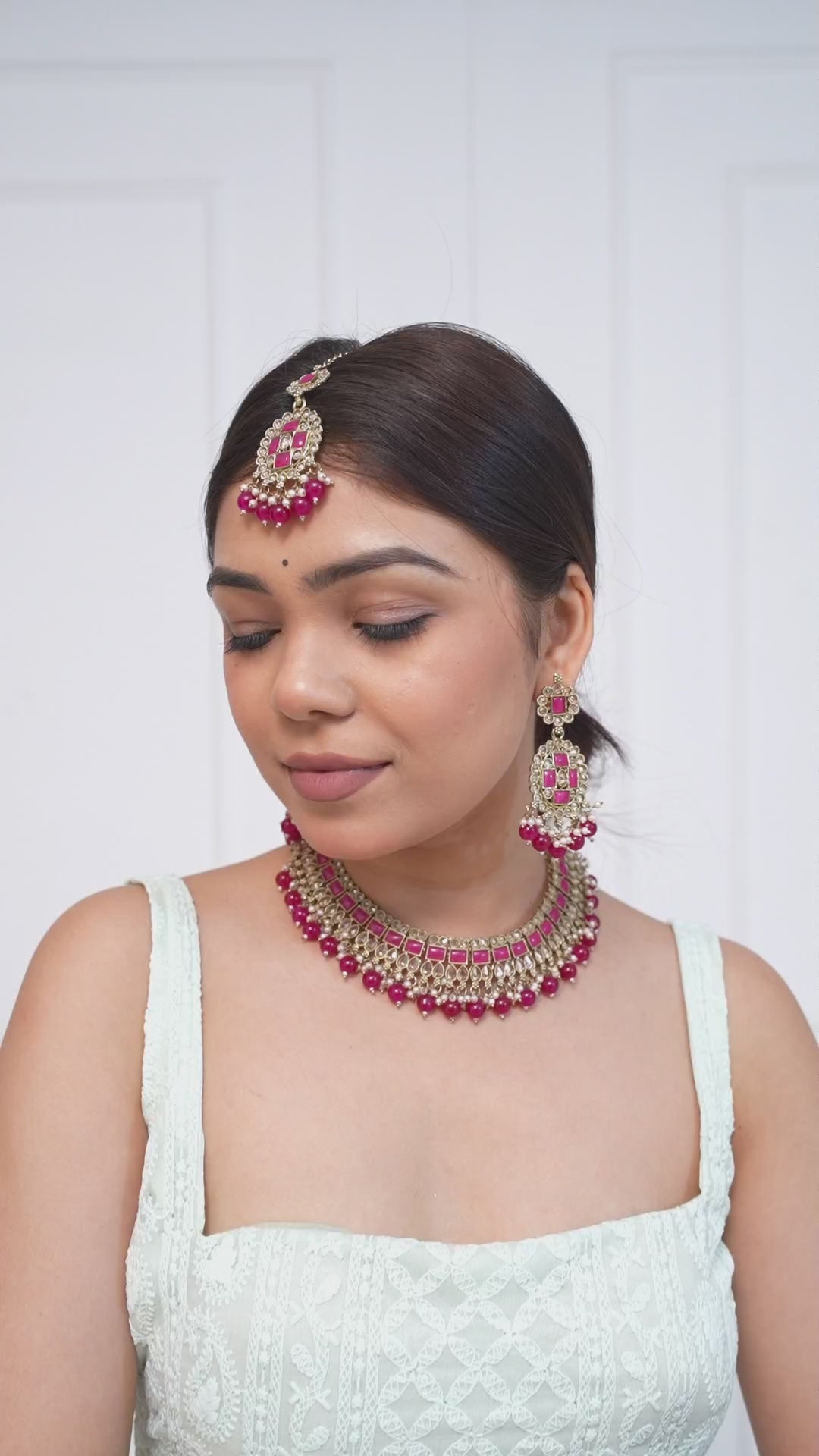 Turquoise Rani Kundan Necklace Set with Chandelier Earrings and Maang tikka Jewellery GetGlit