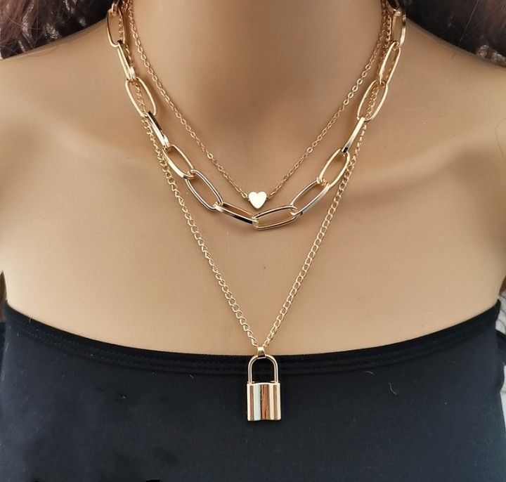 Golden Triple Layered Heart And Lock Pendant Necklace For Women & Girls  Glitstudio   