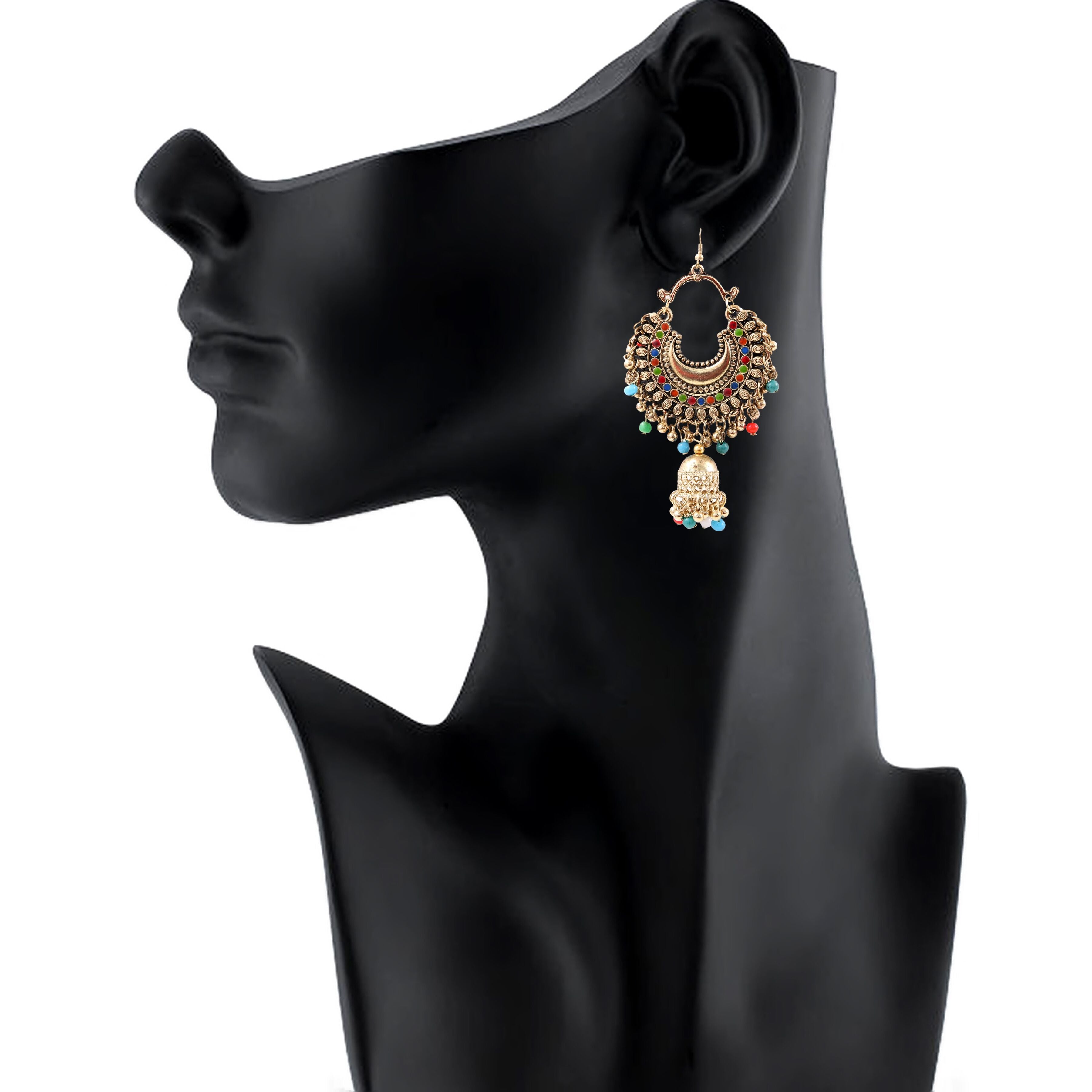 Generic Women's Oxidized Gold plated Hook Dangler Hanging Jhumki Earrings-Multicolour Jewels Generic   