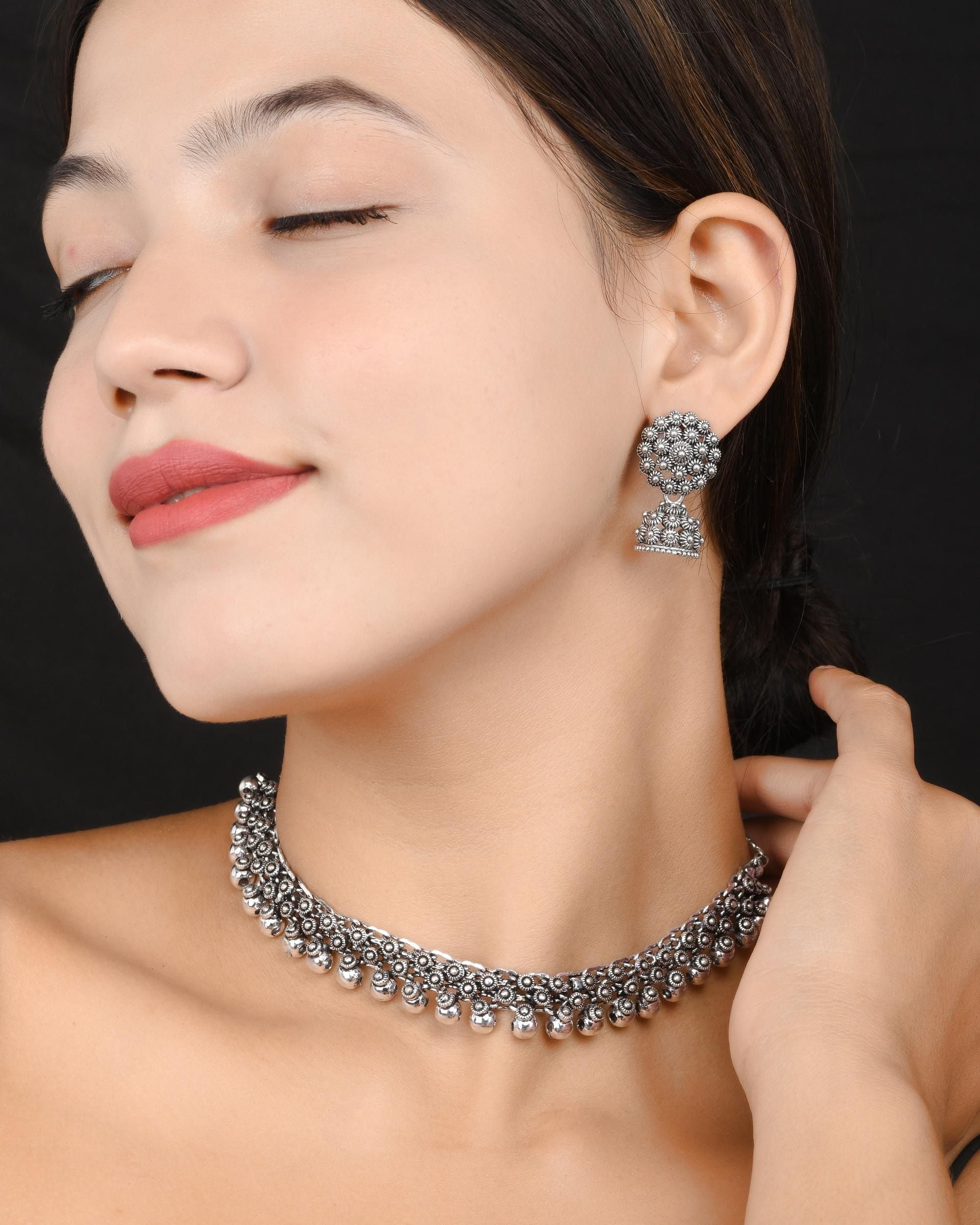 Elegant German Silver Oxidised Choker Jewellery Set for Women and Girls Necklaces Glitstudio   