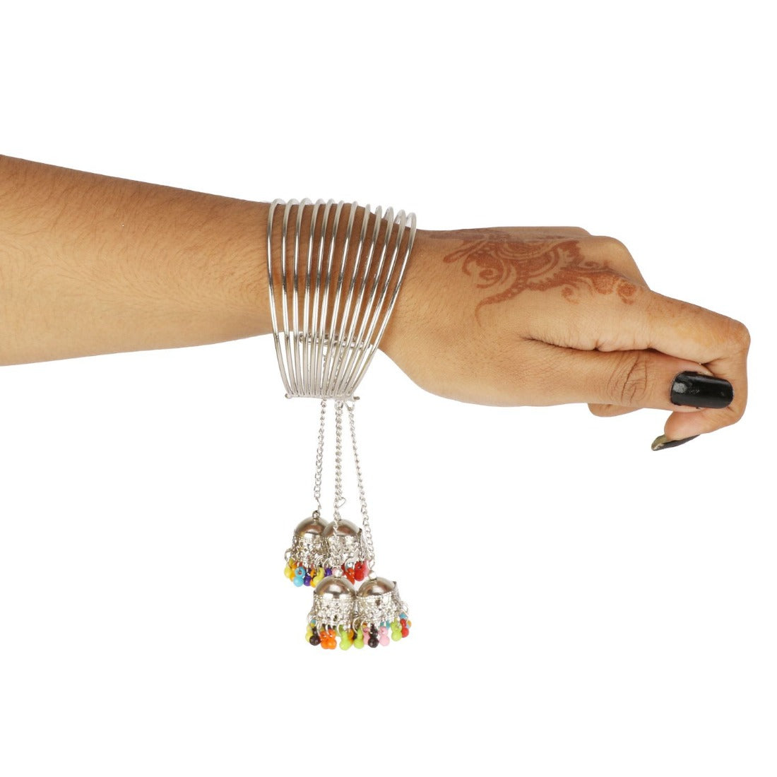 Generic Stylish Oxidized Silver Bangle Bracelet With Hanging Jhumki (Color: Silver) Jewels Generic   