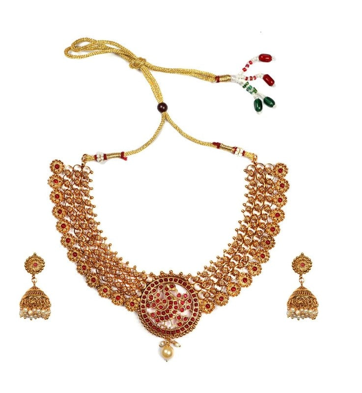 Generic Women's Gold Plated Temple Necklace and Earrings Set (Red, Free Size) Jewels Generic   