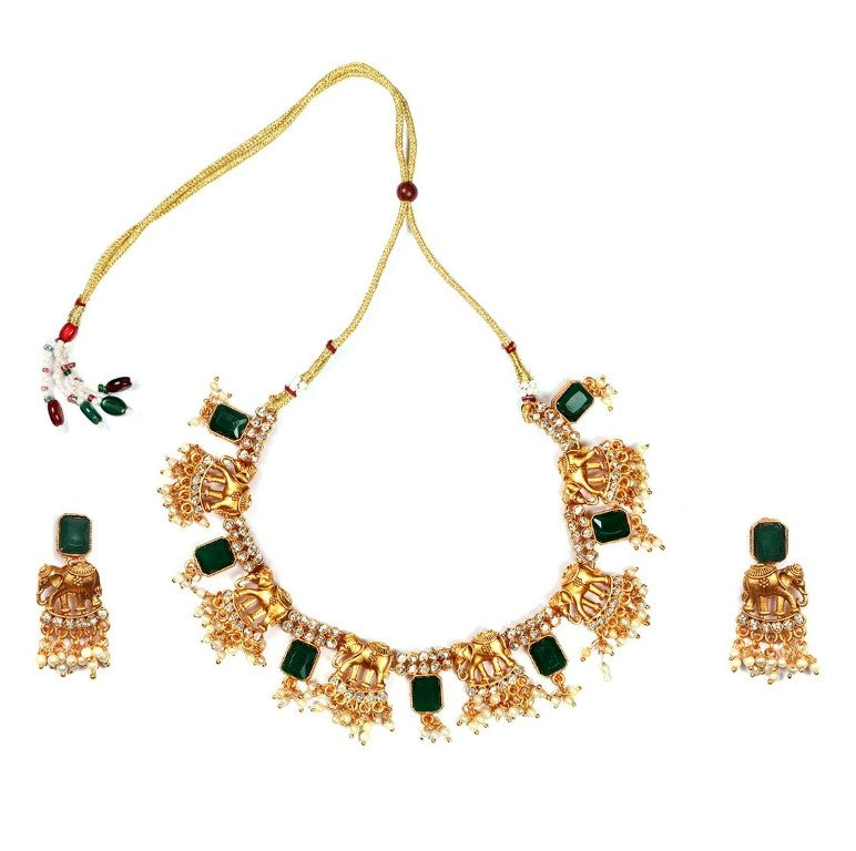 Generic Women's Gold Plated Necklace and Earrings Set with Mang Tikka (Green, Free Size) Jewels Generic   