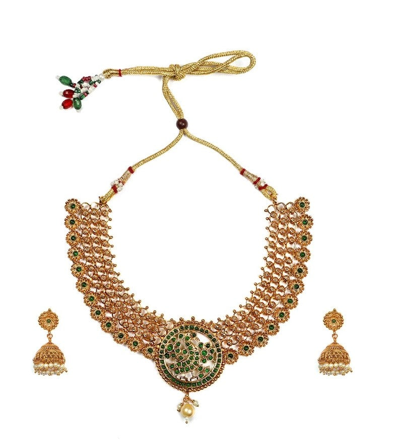 Generic Women's Gold Plated Necklace and Earrings Set with Meenakari Work (Green, Free Size) Jewels Generic   