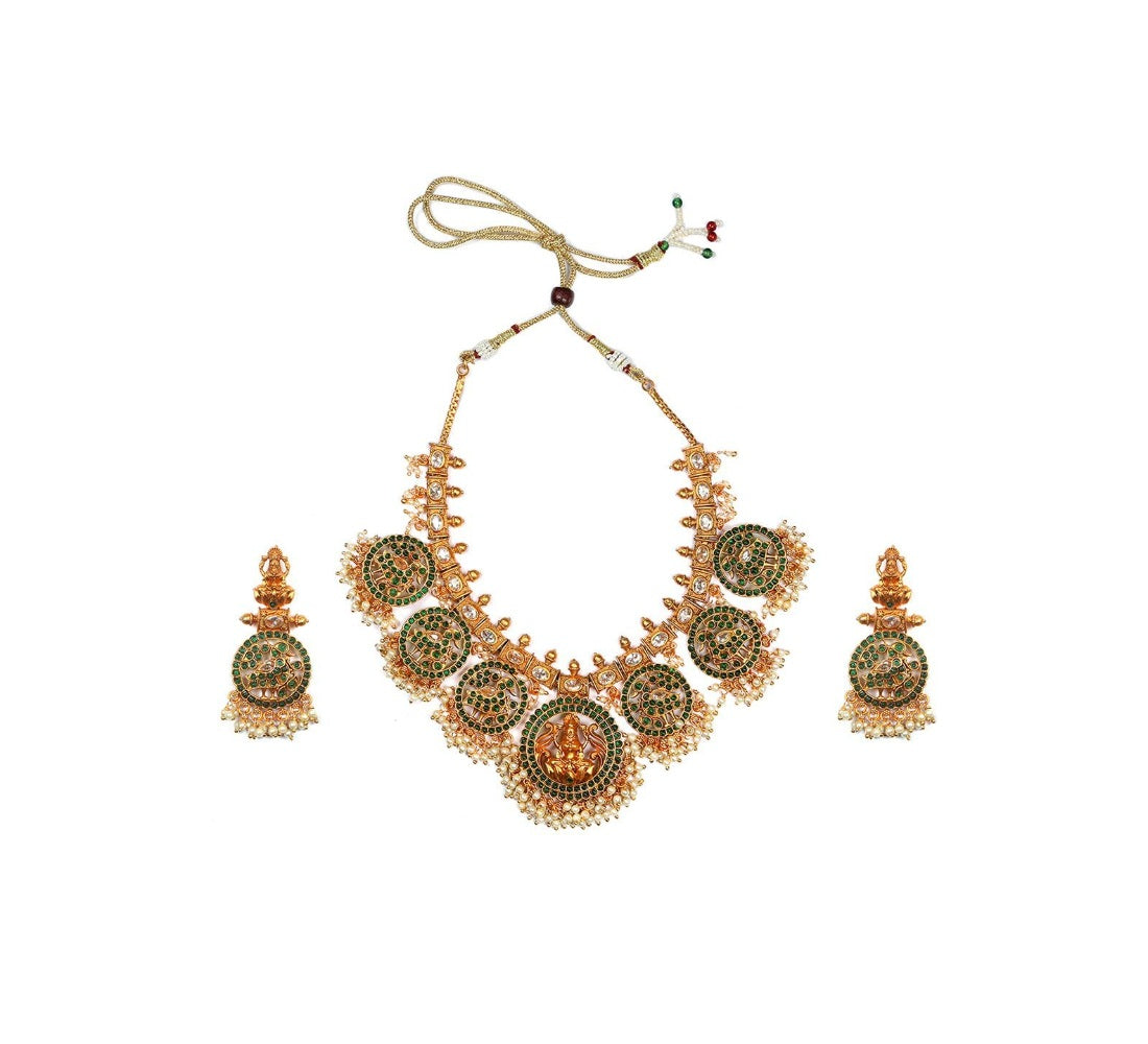 Generic Women's Goddess Glamour Gold Plated Temple Necklace and Jhumka Set (Green, Free Size) Jewels Generic   