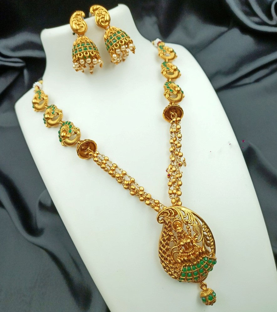 Generic Women's Traditional Temple Necklace and Earrings Set in Gold (Green, Free Size) Jewels Generic   