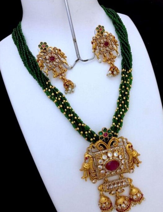 Generic Women's Elite Moti Mala Ad Pendal  Jewellery Set (Green, Free Size) Jewels Generic   