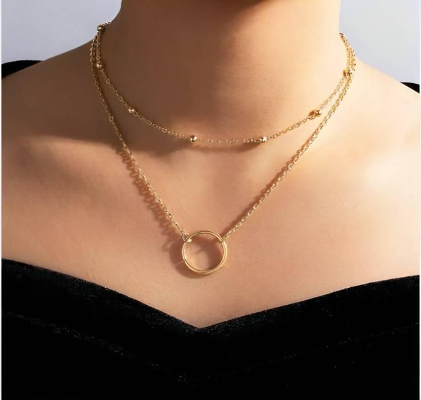 Double Layer Ring Necklace (Golden) With Coin Pearl Choker Necklaces Glitstudio   