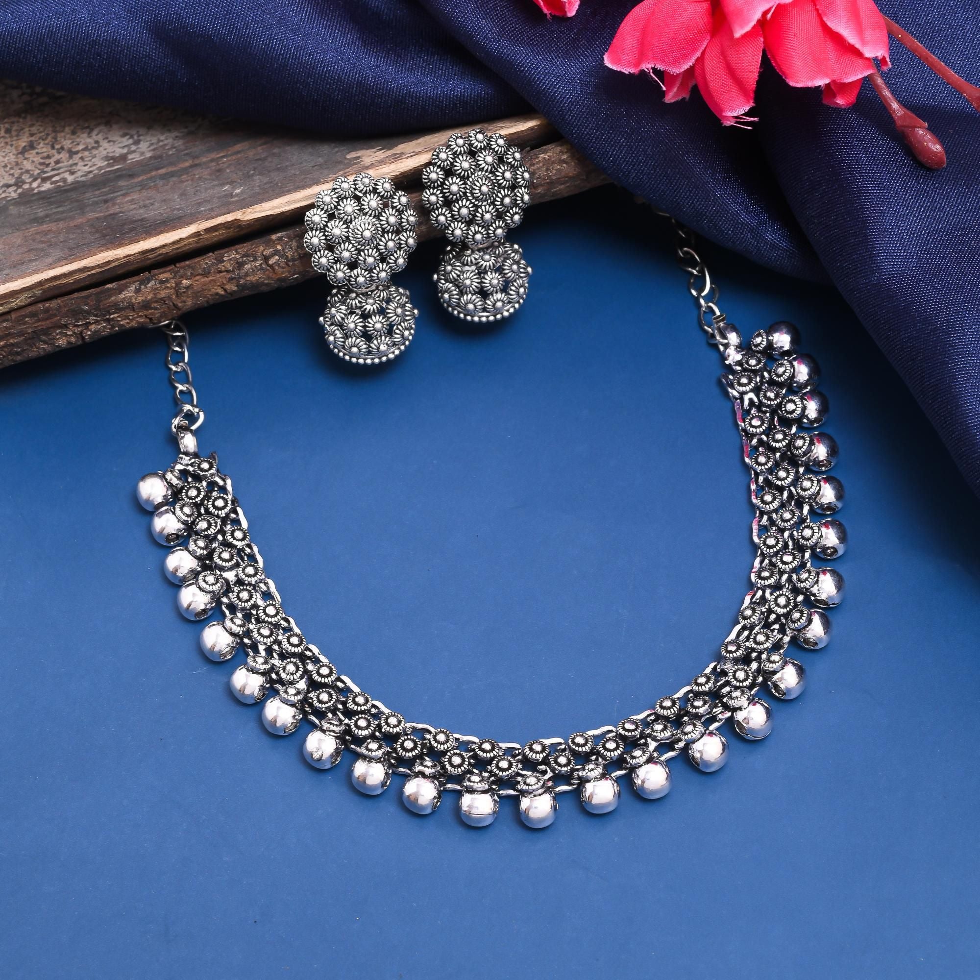 Elegant German Silver Oxidised Choker Jewellery Set for Women and Girls Necklaces Glitstudio   