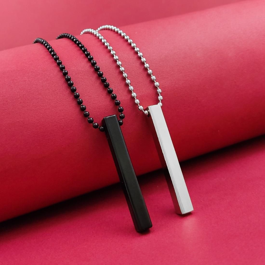 Stylish Silver- Black 3D Vertical Bar Cuboid Stick Locket Pendant Necklace Silver, Rhodium Alloy Locket Set  Glitstudio   