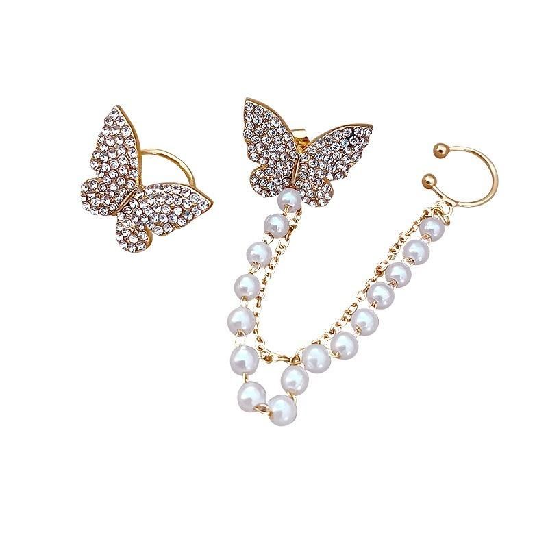 AVR JEWELS High sense of asymmetric butterfly pearl ear bone clip earrings all-in-one female super fairy tassel earrings  Glitstudio   