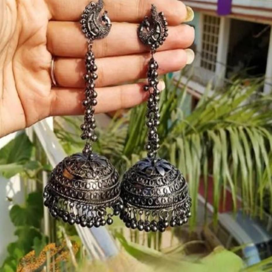 Amazon.com: Pahal Traditional Jaipur Light Blue Black Pearl Painted Big  Gold Jhumka Earrings Indian Bollywood Bridal Jewelry for Women: Clothing,  Shoes & Jewelry