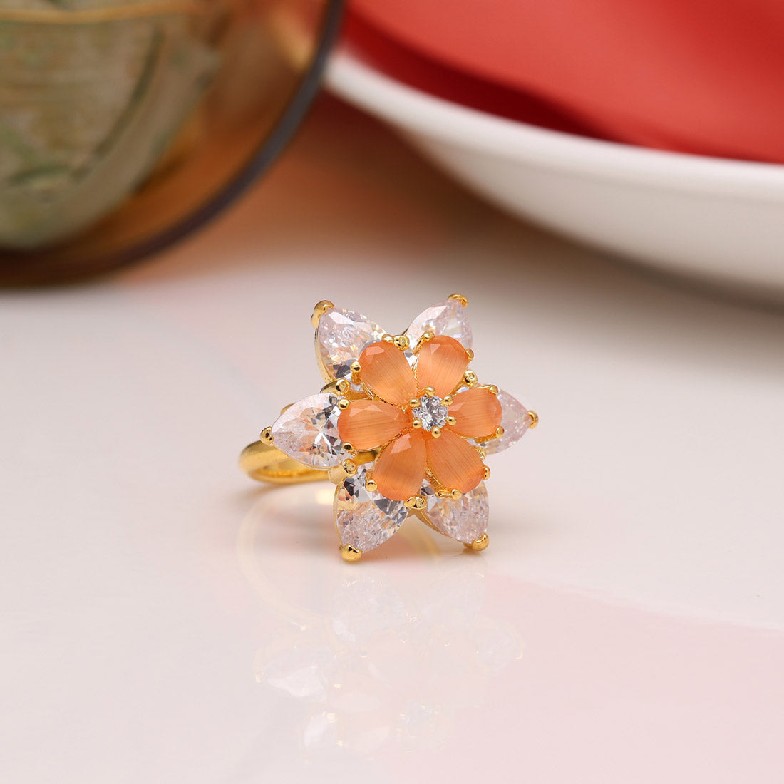 Peach Color American Diamond Finger Ring Jewelry GetGlit   
