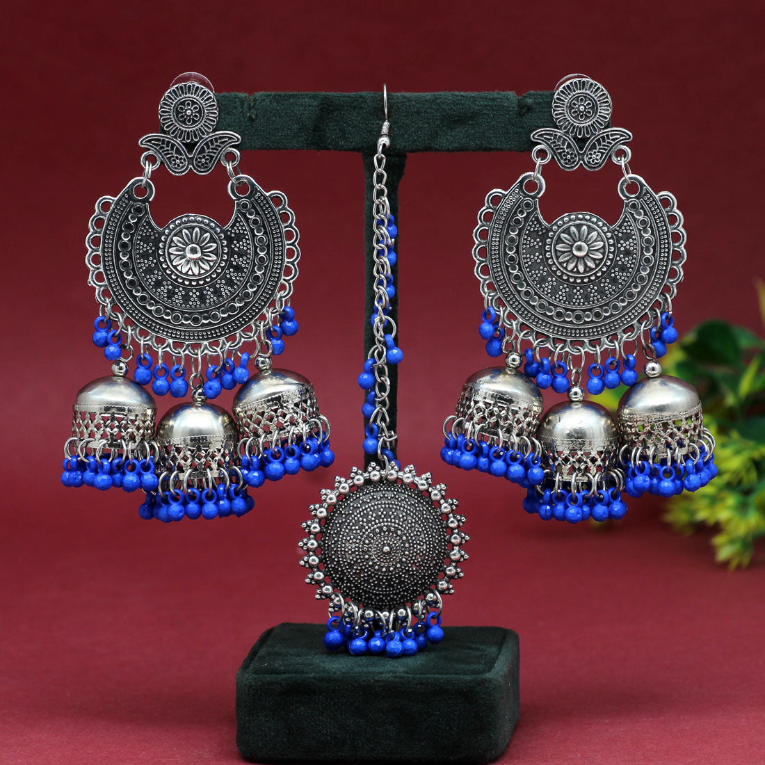 Blue Color Oxidised Earrings Tikka Set (GSMTE101BLU) Jewelry GetGlit   