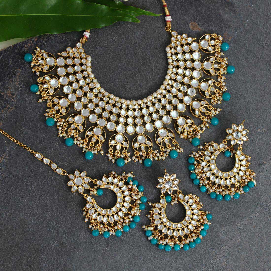 Firozi Color Kundan Necklace Set (KN829FRZ) Necklaces GetGlit   