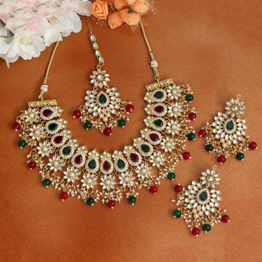 Maroon & Green Color Kundan Necklace Set (KN889MG) Jewelry GetGlit   