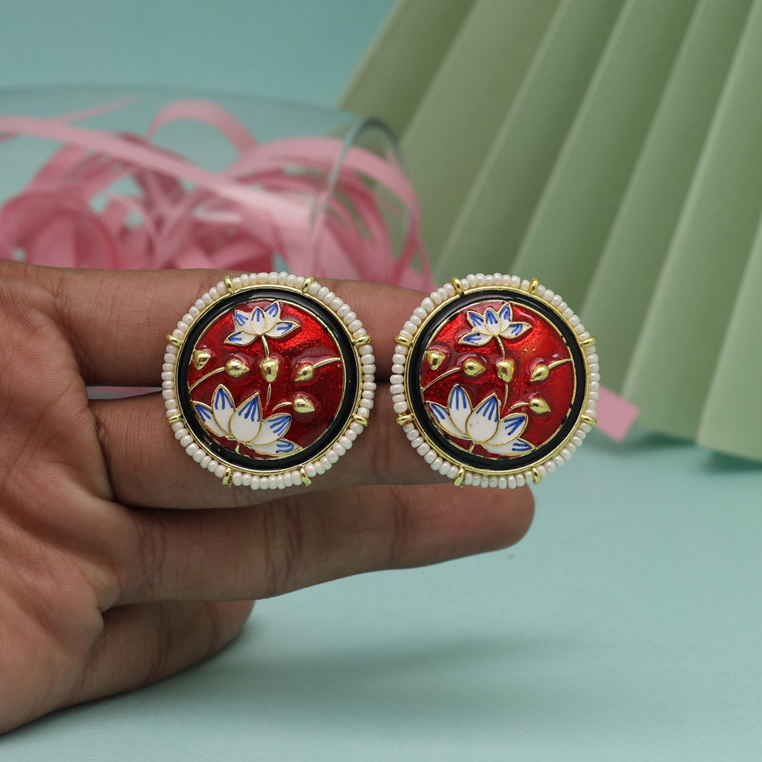 Red Color Meenakari Stud Earrings Jewelry GetGlit   