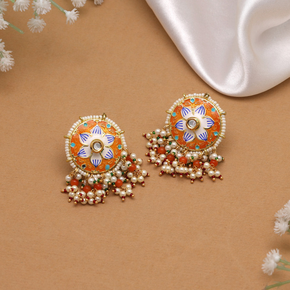 Orange Color Meenakari Earrings Earrings GetGlit   