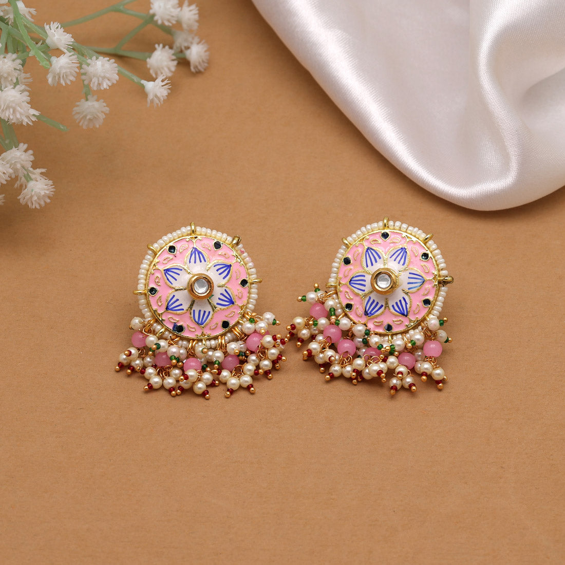 Light Pink Meenakari Lotus Jhumka Earring for Wedding | FashionCrab.com